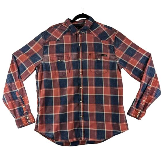 Lucky Brand Flannel Pearl Snap Plaid Long Sleeve Button Up Shirt Mens Large - Picture 1 of 8